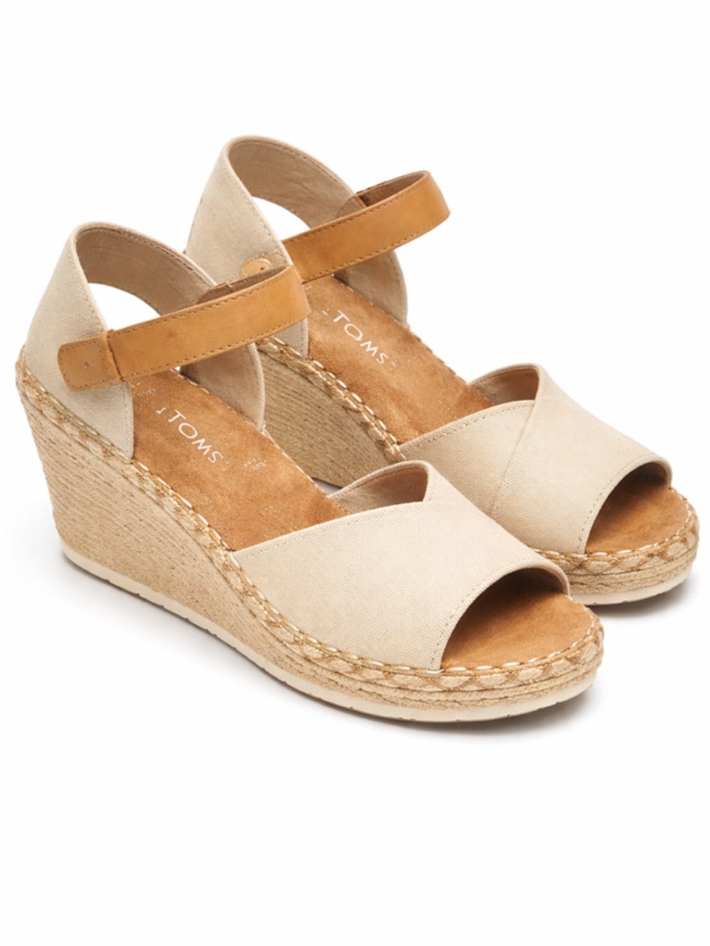 TOMS Beige Canvas Espadrille Wedge Sandals with Tan Ankle Strap